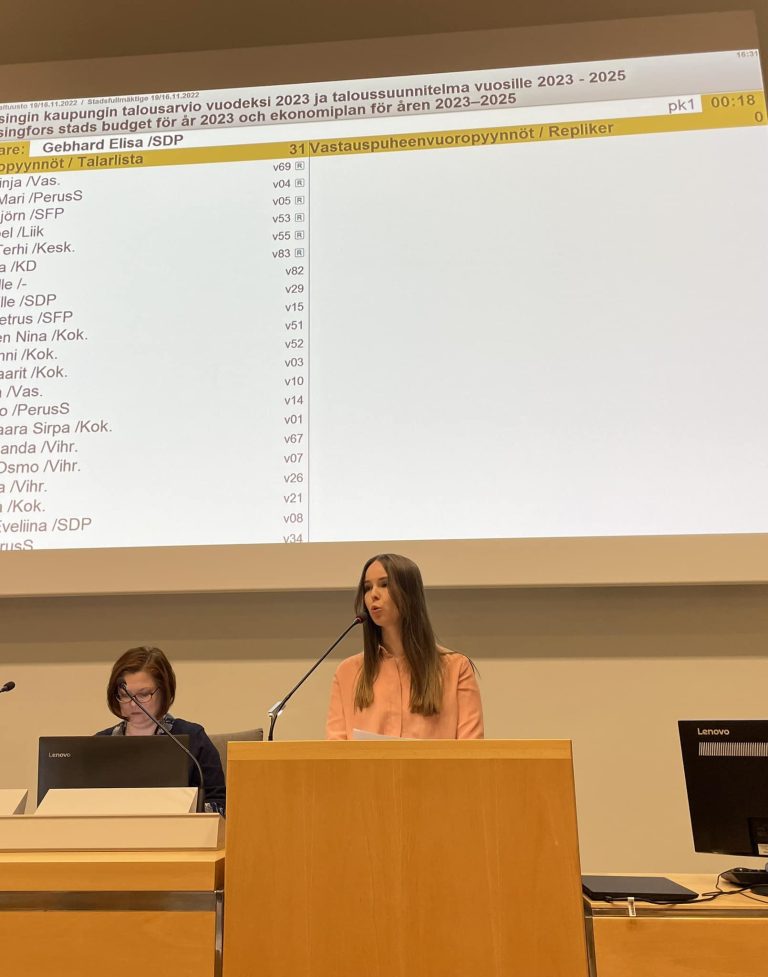 Elisa Gebhardin ryhmäpuheenvuoro kaupunginvaltuuston kokouksessa 16.11.2022